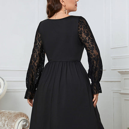 Vestido elegante de talla grande con encaje de color liso para mujer 