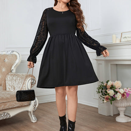 Vestido elegante de talla grande con encaje de color liso para mujer 