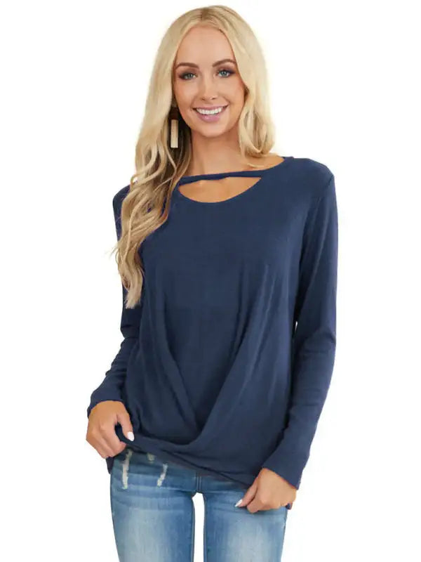 Top de punto con dobladillo cruzado y cuello en V recortado de color sólido para mujer 