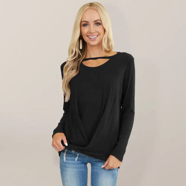 Top de punto con dobladillo cruzado y cuello en V recortado de color sólido para mujer 