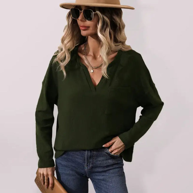 Top de manga larga con cuello en V y jersey de nube de color liso para mujer 
