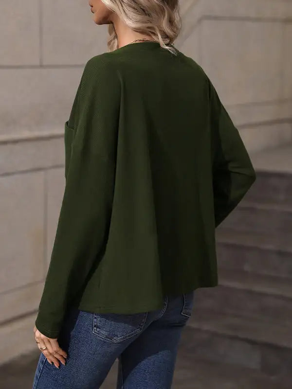 Top de manga larga con cuello en V y jersey de nube de color liso para mujer 