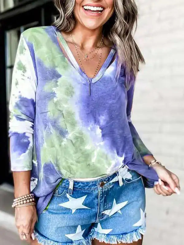 Camiseta con cuello en V y manga tres cuartos Tie Dye para mujer 