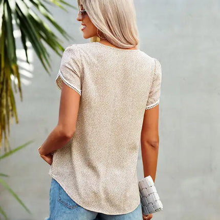 Top con cuello redondo y manga corta con abertura y estampado de lunares para mujer 