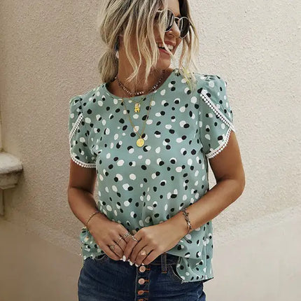 Top con cuello redondo y manga corta con abertura y estampado de lunares para mujer 