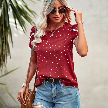 Top con cuello redondo y manga corta con abertura y estampado de lunares para mujer 