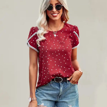 Top con cuello redondo y manga corta con abertura y estampado de lunares para mujer 