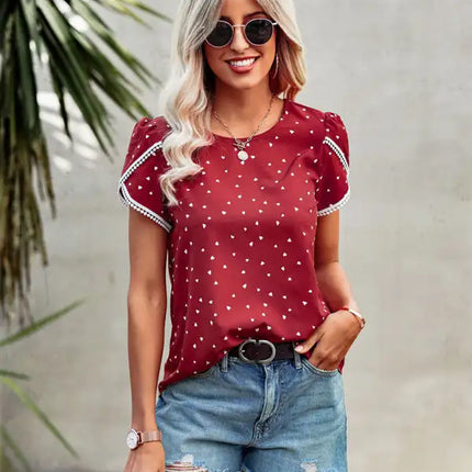 Top con cuello redondo y manga corta con abertura y estampado de lunares para mujer 