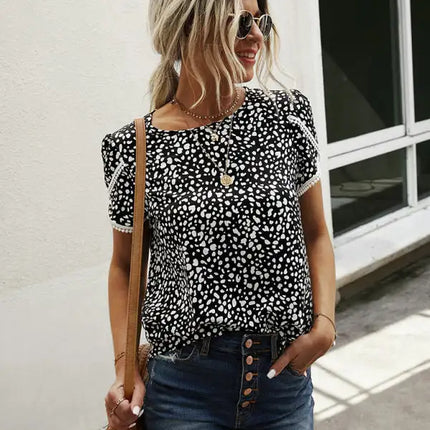 Top con cuello redondo y manga corta con abertura y estampado de lunares para mujer 