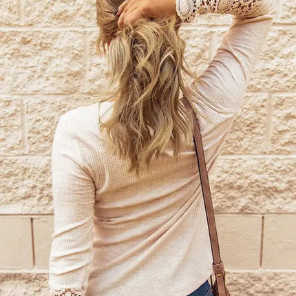 Explosive round neck stitching lace sleeve loose solid color long-sleeved T-shirt