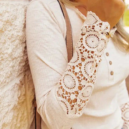 Explosive round neck stitching lace sleeve loose solid color long-sleeved T-shirt