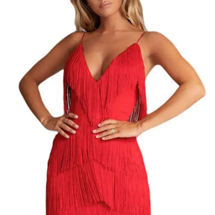 Sexy Dress Tassel Stitching Sexy Backless Evening Dress Deep V Neck Dress
