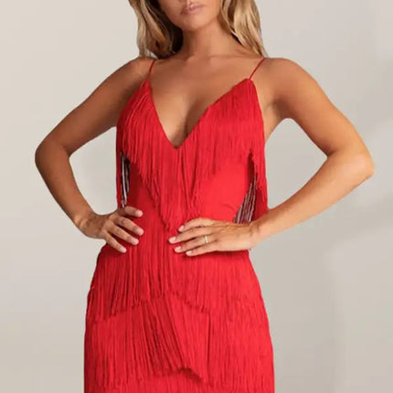 Sexy Dress Tassel Stitching Sexy Backless Evening Dress Deep V Neck Dress