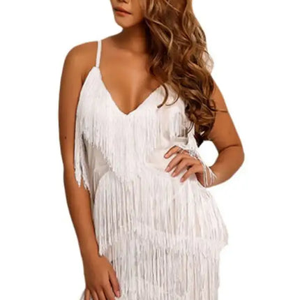 Sexy Dress Tassel Stitching Sexy Backless Evening Dress Deep V Neck Dress