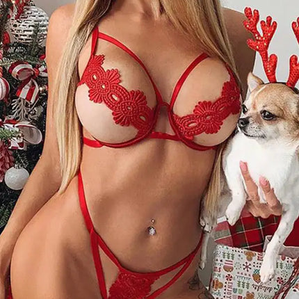 Traje sexy de tentación de tres puntos con perspectiva de una pieza de encaje sexy 