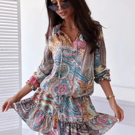 Vestido de mujer de manga larga con estampado étnico 