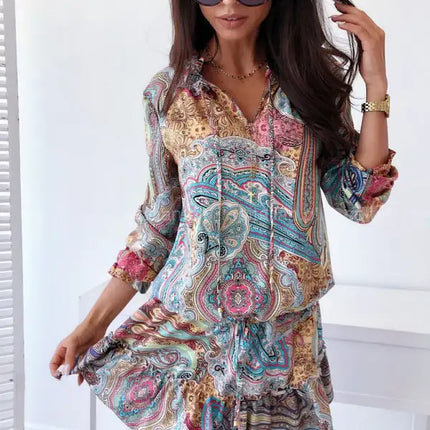 Vestido de mujer de manga larga con estampado étnico 