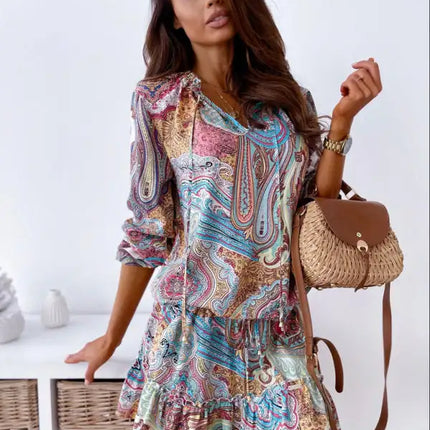 Vestido de mujer de manga larga con estampado étnico 