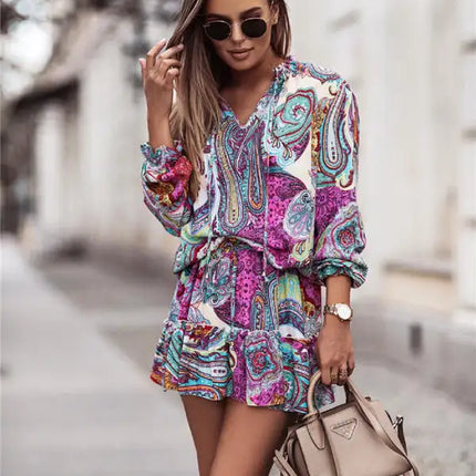 Vestido de mujer de manga larga con estampado étnico 