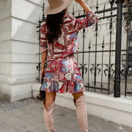 Vestido de mujer de manga larga con estampado étnico 