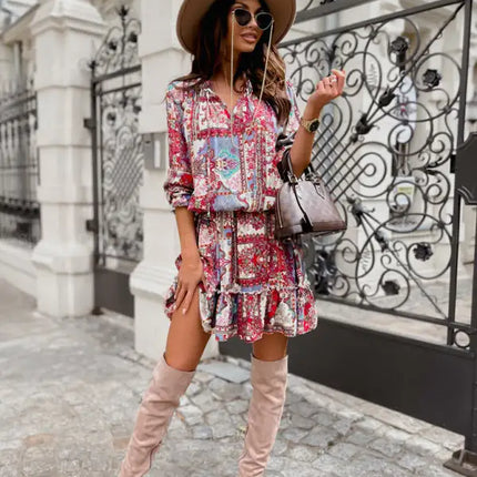 Vestido de mujer de manga larga con estampado étnico 