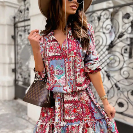 Vestido de mujer de manga larga con estampado étnico 