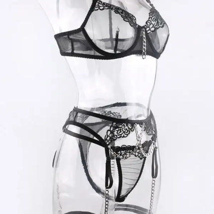 Metal Chain Embroidered Sexy Lingerie Four-Piece Set With Leg Wrap