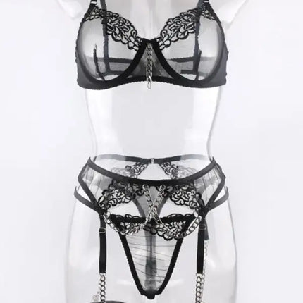 Metal Chain Embroidered Sexy Lingerie Four-Piece Set With Leg Wrap