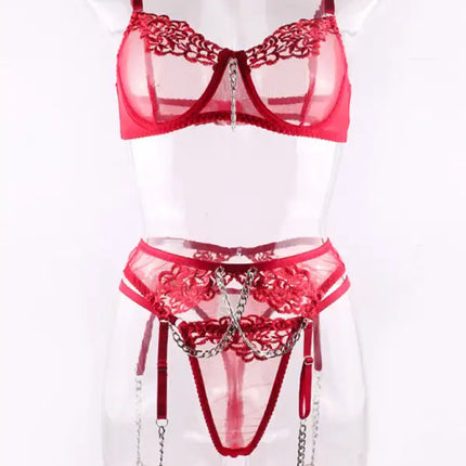 Metal Chain Embroidered Sexy Lingerie Four-Piece Set With Leg Wrap