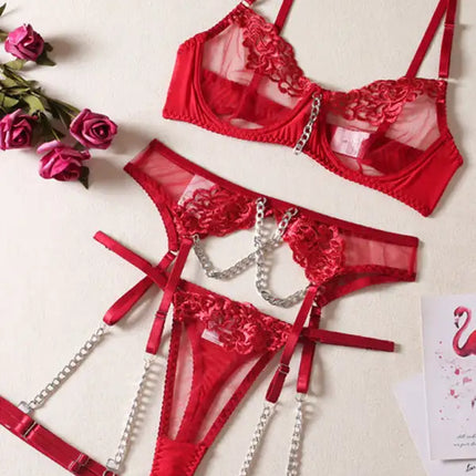 Metal Chain Embroidered Sexy Lingerie Four-Piece Set With Leg Wrap