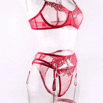 Metal Chain Embroidered Sexy Lingerie Four-Piece Set With Leg Wrap