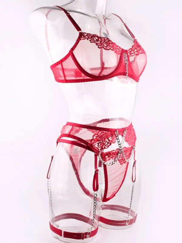 Metal Chain Embroidered Sexy Lingerie Four-Piece Set With Leg Wrap