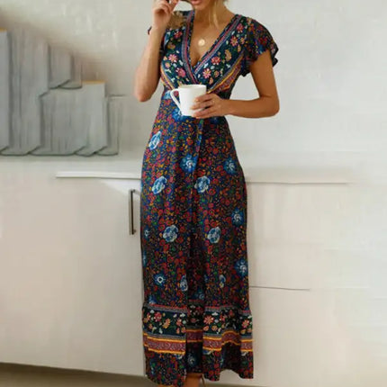 Vestido largo cruzado con estampado bohemio para mujer 
