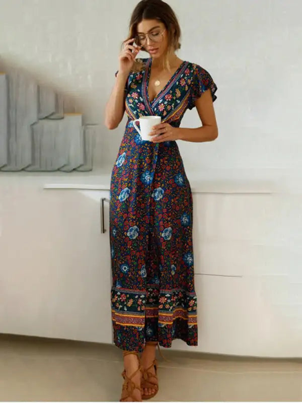 Vestido largo cruzado con estampado bohemio para mujer 