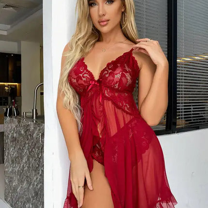 Conjuntos de lencería sexy con tirantes de encaje y cuello en V sexy para mujer 