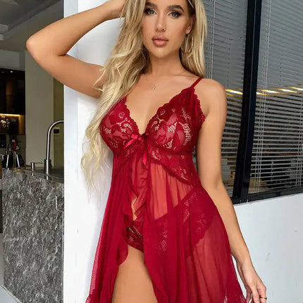 Conjuntos de lencería sexy con tirantes de encaje y cuello en V sexy para mujer 