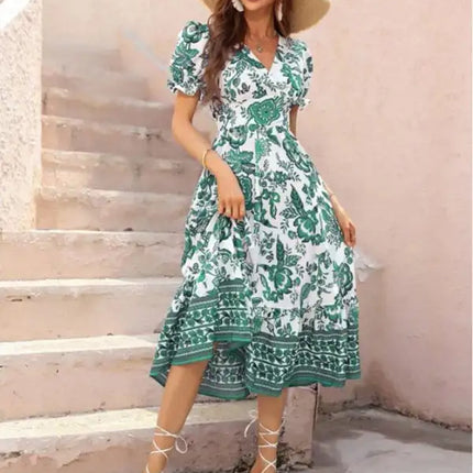 Vestido largo estampado con mangas abullonadas y estampado de posicionamiento en toda la prenda 