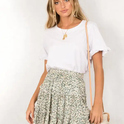 Women's Solid Color Tiered Ruffle Waist Tie Mini Skirt