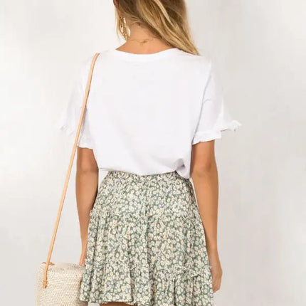 Women's Solid Color Tiered Ruffle Waist Tie Mini Skirt