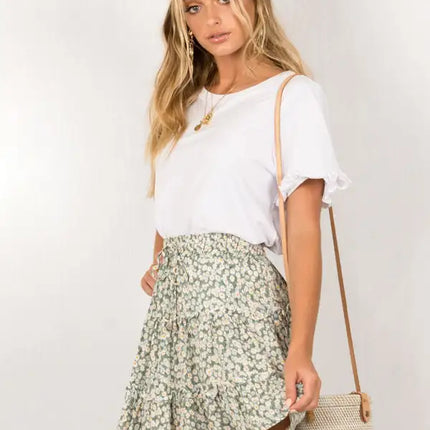 Women's Solid Color Tiered Ruffle Waist Tie Mini Skirt