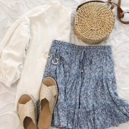 Women's Solid Color Tiered Ruffle Waist Tie Mini Skirt