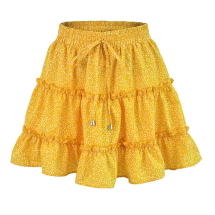 Women's Solid Color Tiered Ruffle Waist Tie Mini Skirt