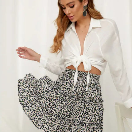 Women's Solid Color Tiered Ruffle Waist Tie Mini Skirt