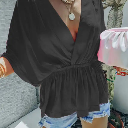 New style cotton V-neck elastic waist casual fashion short-sleeved shirt