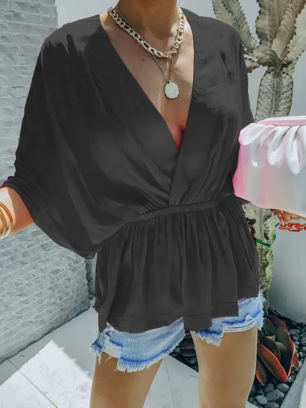 New style cotton V-neck elastic waist casual fashion short-sleeved shirt