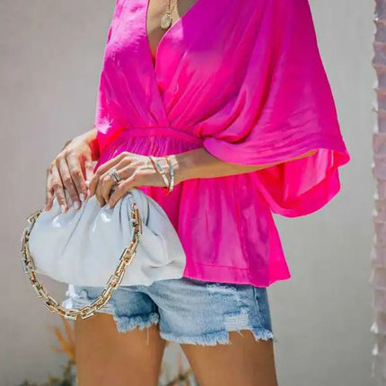 New style cotton V-neck elastic waist casual fashion short-sleeved shirt