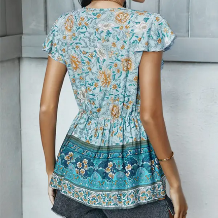 Blusa de manga corta con volantes y estampado bohemio para mujer 