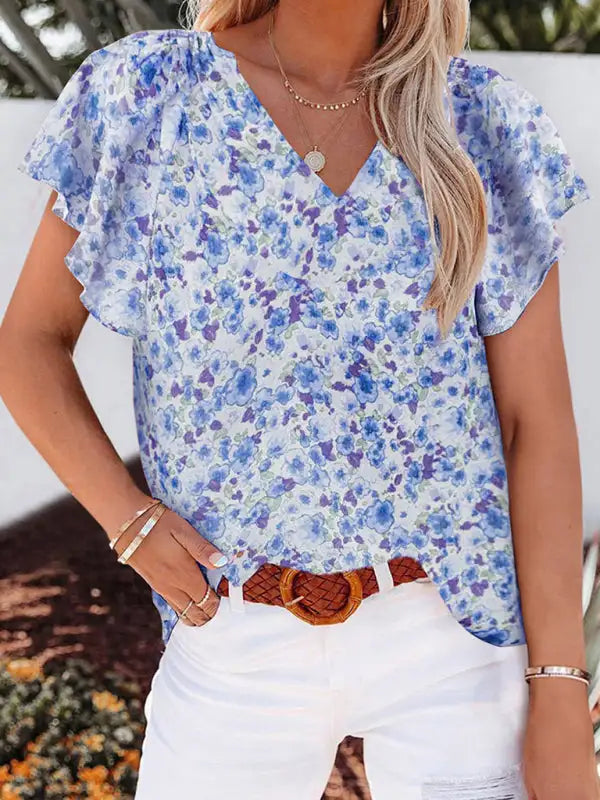 Floral print V-neck loose elegant pullover chiffon shirt