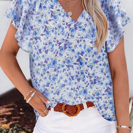 Floral print V-neck loose elegant pullover chiffon shirt