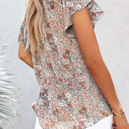 Floral print V-neck loose elegant pullover chiffon shirt